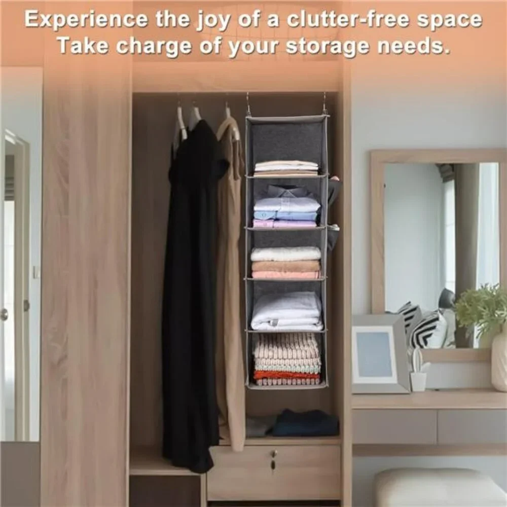 Hanging closet organizer 5 tier shelves with side pockets foldable storage grey